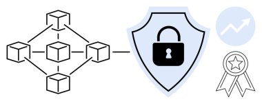 Engelleme zinciri, siber güvenlik, veri bütünlüğü, büyüme stratejileri, yenilik, dijital koruma. Görsel elementler arasında bir engelleme ağı şeması ve asma kilitli bir kalkan var. Engelleme zinciri