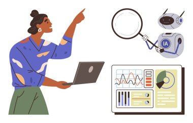 Kadın dizüstü bilgisayarını tutarken, büyüteçle robot veri tablolarını inceliyor. Yapay zeka, takım çalışması, araştırma, otomasyon, analitik, teknoloji yeniliği için ideal. Basit düz metafor