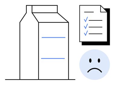 Ürün görsel geri çağırma. Süt kutusunun grafikleri, işaretli kontrol listesi ve ürün geri çağırma ve tüketici güvenliği sorunları içeren üzgün yüz simgesi. Gıda güvenliği, uyum ve müşteri iletişimi için