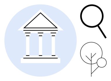 Sütunlu klasik bina, büyüteç, araştırmayı sembolize eden ağaç, bilgi, sürdürülebilirlik, eğitim, yönetim, çevresel keşif. Hukuk akademisi ekolojisi için ideal