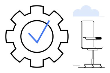Verimlilik, kalite güvencesi, ofis işi, iş verimliliği, çalışma alanı düzeni, organizasyon. İşaretli vites ve ofis sandalyesi çizimi. Verimlilik ve kalite güvencesi