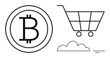 Bitcoin eCommerce konsepti. Bitcoin sembolü şifreli para işlemleri, alışveriş arabası ise e-ticaret entegrasyonunu önerirken. Bitcoin bulut tabanlı eCommerce sistemlerinde. Finans, perakende