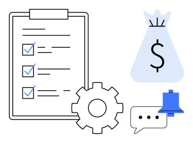 İşaretli kutular, teçhizat, dolar işaretli para çantası ve bildirim simgesi olan kontrol listesi. Finansal yönetim, proje planlaması, üretkenlik, iş başarısı, bütçe ekibi iş akışı için ideal