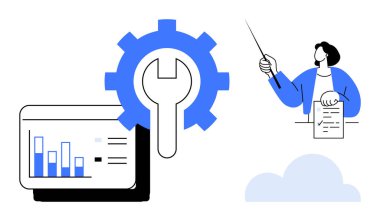 Anahtarlı dişliler, analitik gösterge paneli ve işaretleyici ve belgeyle sunucu. Veri analizi, teknik destek, proje yönetimi, verimlilik, eğitim stratejisi ekip çalışması için ideal. Basit.