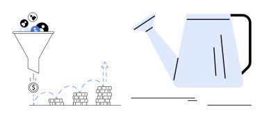 Değişik madeni paralara giden huni, ROI 'yi sembolize ediyor. Sulama tenekesinden beslenen madeni paralar. Pazarlama, iş büyümesi, yatırım, strateji, ROI, finans için ideal