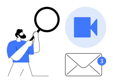 Veri analizi, e-posta iletişimi, video mesajlaşması, dijital bağlantılar, teknolojik gelişmeler, bildirimler. Video ve zarfın yanında büyüteç tutan adam. Veri analizi ve e- posta