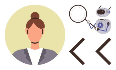 Robot asistanının yanında elinde büyüteç tutan parlak kulaklı bir kadın. Yapay zeka, teknoloji, yenilik, analiz, takım çalışması, araştırma ve veri yorumlama temaları için idealdir. Basit düz metafor