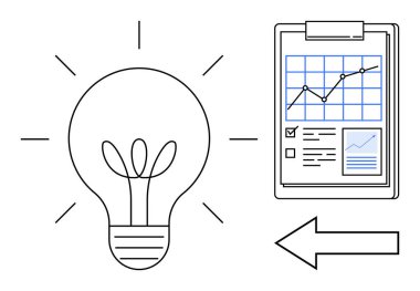 Yenilik, iş stratejisi, analitik, ilerleme, veri odaklı karar verme, büyüme yönetimi. Ampul, grafikli pano ve ok. Yenilik ve iş stratejisi kavramı