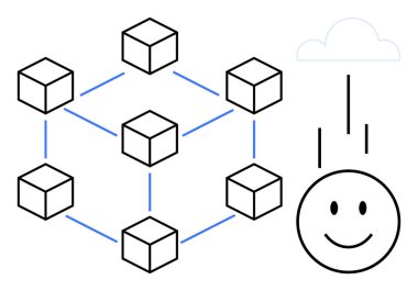 Blockchain konsepti. Birbirine bağlı bloklar, bulut tabanlı veri transferi ve mutlu yüz sembolü. Bulut hesaplama, dijital depolama, veri yönetimi için engelleme zinciri