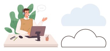 Erkek destek temsilcisi, bulut grafiklerine doğru hareket eden bir kulaklık ve bilgisayar kullanıyor. Müşteri hizmetleri, uzaktan çalışma, teknoloji, iletişim, bulut hesaplama, çevrimiçi destek, sanal