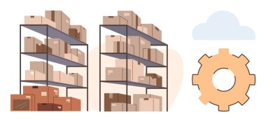 Kutularla dolu raflar ve bir bulut simgesinin yanında bir vites tasarımı. Lojistik, tedarik zinciri, envanter yönetimi, e-ticaret, depo organizasyonu, dijital entegrasyon, iş için ideal