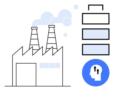 Endüstriyel üretim. bacaların duman yaydığı, akış şemalarını işlediği ve insanların yenilik simgesini işlediği bir fabrika. Sanayi üretimi otomasyon, verimlilik, enerji ve iş akışını ön plana çıkardı