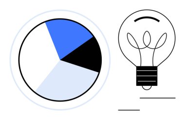 Veri analizi, yaratıcı çözümler, iş stratejisi, yenilik, beyin fırtınası, analitik. Üç parçalı bir pasta grafiği ve bir ampul ikonu. Veri analizi ve yaratıcı çözümler
