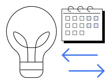 Takvimin yanında ampul ve oklar fikir üretimini, planlamayı, zamanlamayı veya kaynak alışverişini sembolize ediyor. Yenilik, iş, yaratıcılık, iş akışı sistemleri, takım çalışması için ideal