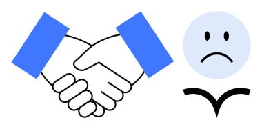 İş tokalaşması konsepti. El sıkışma anlaşmaları ve işbirliği. Üzgün yüz memnuniyetsizliği yansıtır. iş, iletişim, çatışma çözümü, işyeri, ortaklıklar