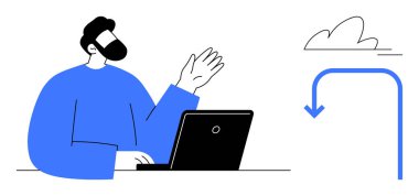 Uzaktan çalışma, bulut hesaplama, veri transferi, teknoloji, modern iletişim, verimlilik. Bir insan dizüstü bilgisayar kullanırken, üzerinde bulut simgesi olan el sallıyor. Uzak çalışma ve bulut hesaplama