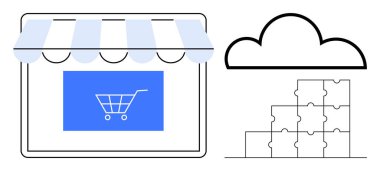 Alışveriş arabası ikonu, bulut entegrasyonu ve bulmaca parçalarıyla elektronik ticaret konsepti dijital mağaza önü. E-ticaret dijital altyapıyı, çevrimiçi alışverişi ve bulut çözümlerini ön plana çıkarıyor. Mükemmel.