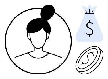 Para çantasının yanındaki kadın avatar simgesi ve madeni para temsil eden kavramlar mali planlamayı, kazancı, yatırımları, girişimciliği, kişisel finansmanı, e-ticareti veya iş kimliğini işaret ediyor