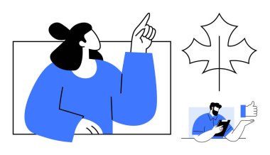 İletişim, teknoloji, yaratıcılık, insan etkileşimi, dijital araçlar, Kanada kimliği. İşaret eden bir kadın, akçaağaç yaprağı ve teknolojiyi kullanan bir erkek. İletişim ve teknoloji kavramı