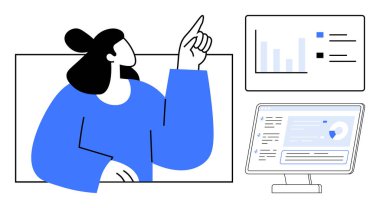 İş stratejisi, veri görselleştirme, üretkenlik araçları, dijital analitik, işyeri çözümleri, takım çalışması. Grafikler ve grafiklerle ekranı gösteren bir kişi. İş stratejisi ve verileri