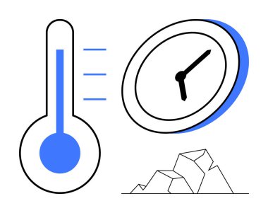 İklim değişikliği, donma, zaman yönetimi, hava tahmini, sıcaklık kontrolü, erime. Görüntü termometre, saat ve buz gösteriyor. İklim değişikliği ve dondurucu kavramlar