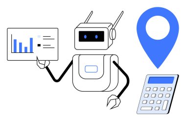 Veri analizi, yapay zeka araçları, otomasyon, finansal hesaplamalar, navigasyon teknolojisi, iş çözümleri. Robot veri haritası, konum kodu ve hesap makinesi tutuyor. Veri analizi ve yapay zeka araçları kavramı