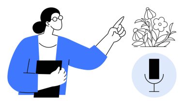 Eğitim, botanik, iletişim, ses tanıma, sunum, öğrenme. Bir kadın mikrofon sembolünün yanında elinde tablet tutan çiçeklere doğru hareket eder. Eğitim ve botanik resimli