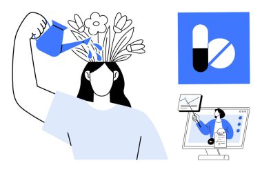 Zihinsel sağlık konsepti. Kişisel bakım, eğitim ve sağlık hizmetleri vasıtasıyla akıl sağlığı. Gelişme, e-öğrenme ve sağlıkla ilgili zihinsel sağlık. Terapi ve eğitim için sağlık hizmetleri