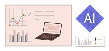 Laptop, Yapay Zeka ve Veri Bilimi araçlarını sembolize ederek, bar ve çizgi grafiklerinin yakınındaki analizleri gösterir. Teknoloji, otomasyon, iş büyümesi, optimizasyon, tahmin, karar verme, basit düz