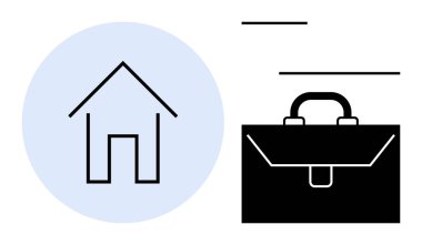 Telekomünikasyon, iş hayatı dengesi, serbest çalışma, iş çözümleri, üretkenlik, istihdam. Minimalist bir ev ve temiz bir arkaplanda evrak çantası simgeleri. Seyahat ve iş-yaşam dengesi teması