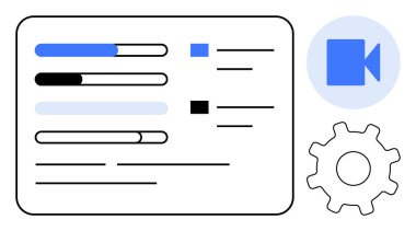 Kullanıcı arayüzü, video düzenleme, dijital araçlar, medya oynatma, özelleştirme, yayınlama. İlerleme çubukları, ayarlar ve görüntü simgesi için dişli. Kullanıcı arayüzü ve video düzenleme kavramı