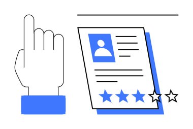 Bir profil belgesine el ile işaret ederek, kullanıcıların katılımını ve geri bildirim veya derecelendirmeyi simgeleyen yıldızları vurguluyor. Kullanıcı denetimi, değerlendirme, geri bildirim, değerlendirme sistemi, işe alım, iş değerlendirmesi için ideal
