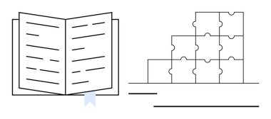 Öğrenme konsepti. Bulmaca parçalarının yanı sıra kitap ayracı, eğitim, bilgi paylaşımı ve problem çözme konularıyla birlikte açık bir kitap. Kaynakları ve büyümeyi öğrenmek. Eğitim, öğretim, kendini geliştirme, mantıksal