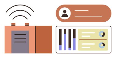 Kart okuyucu kullanıcı profili ile etkileşime girer, çubuk çizelgeleri ve veri panelleri görüntülenir. İş, teknoloji, erişim kontrolü, güvenlik, veri görselleştirme, kimlik yönetimi, düz metafor