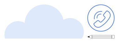 Bulut depolama, dijital iletişim, işbirliği araçları, yaratıcı tasarım, uzaktan çalışma, bağlantı çözümleri. Bulut, telefon çağrısı simgesi ve minimalist bir düzende kalem. Bulut depolama ve dijital