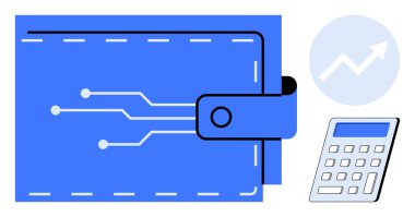 Finansal teknoloji, dijital ödemeler, yatırım planlaması, büyüme eğilimleri, kripto para birimi depolama, gider hesaplaması. Devre desenli dijital cüzdan, hesap makinesi ve yükselen grafik simgesi