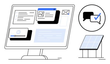 Belgeleri, medyayı, mesajları, güneş panelini, kontrol işaretli konuşma baloncuklarını gösteren bilgisayar ekranı. Teknoloji için ideal, uzaktan çalışma, iletişim, takım çalışması temiz enerji yeniliği basit düz