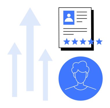 Profil fotoğrafı olan profesyonel CV ve yükselen oklar yanında 5 yıldızlı puanlar kariyer büyümesini, adam toplamayı ve beceri geliştirmeyi simgeliyor. İdeal İK, iş büyümesi, yetenek edinme, özgeçmiş