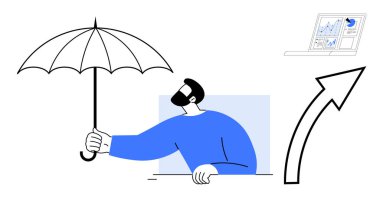 Business protection, risk management, financial security, growth strategies, analytics, data-driven decisions. Man holding umbrella, upward arrow laptop with analytics. Business protection and risk