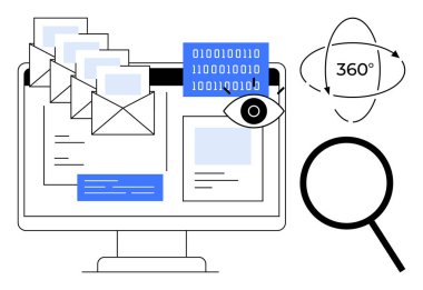 E-postalar, ikili kod, 360 derecelik görselleştirme ve bilgisayar ekranının etrafında büyüteç. Veri koruması, güvenlik, teknoloji, analiz araştırma bilgi izleme için ideal. Basit düz