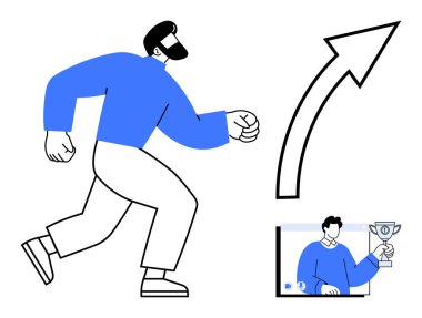 Yukarı doğru giden bir ok ve ekranda sergilenen bir kupa boyunca ilerleyen kendine güvenen bir adam, büyümeyi, ilerlemeyi, başarıyı, kariyerinde ilerlemeyi, liderliği temsil ediyor. İş ve motivasyon için ideal