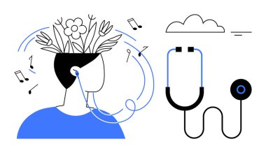 Müzik terapisi konsepti. Müzik terapisi, iyileşme ve zihinsel sağlığın sesini bütünleştirir. Müzik terapisi rahatlamayı, farkındalığı ve sağlığı teşvik ediyor. Sağlık, şifa, akıl sağlığı, sağlık