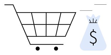 Alışveriş arabası ve para çantası online alışveriş, finansal işlemler, tüketici alımları. E-ticaret, perakende pazarlama, satış stratejisi, ekonomik çalışmalar, iş finansmanı, dijital