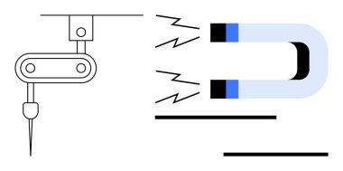 Enerji hatları yayan at nalı mıknatısı ile birlikte endüstriyel kuruluma bağlı matkap aleti. Mühendislik, imalat, teknoloji, fizik, makine, yenilik için ideal, basit düz