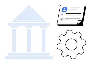 Klasik hükümet yapısı, kontrol listesi belgesi ve işlemler, uyum ve iş akışları için vites simgesi. Yönetim, yönetim, politikalar, hukuk yönetim verimliliği sistemleri için ideal