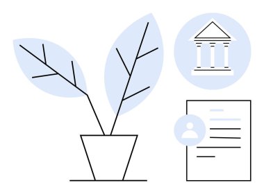 Sürdürülebilirlik, yasal süreçler, ekoloji, mali planlama, kişisel kayıtlar, kurumsal çerçeveler. Bir saksı bitkisi, bir belge ve sütunlu bir yapı ikonu. Sürdürülebilirlik ve yasal süreçler