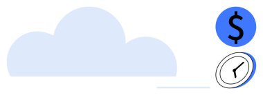 Maliyet planlaması, verimlilik, bulut depolama, zaman yönetimi, finansal strateji, uzaktan çalışma. Saat ve dolar simgeleriyle bulut şeklinde. Verimlilik ve maliyet planlama kavramları