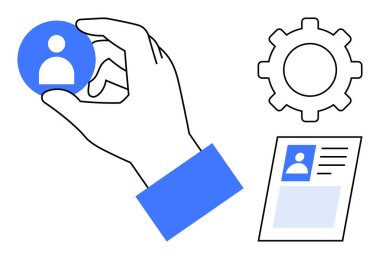 Kullanıcı profili konsepti. Kimlik yönetimi için bir el, ayar teçhizatı ve belge tarafından tutulan simgeli kullanıcı kullanımı. Takım organizasyonu için kullanıcı profili, uygulama ayarları, HR sistemleri, çevrimiçi hesaplar