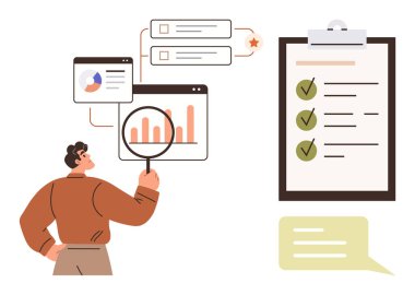 Veri tablolarını büyüteçle inceleyen kişi, kontrol listesi ve çizelgeleri ile birlikte. Görev yönetimi, veri analizi, performans gözden geçirme, karar verme, hedef belirleme, üretkenlik, iş dünyası için ideal