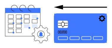 Ödeme takvimi konsepti. Ödeme zamanlaması organize işlemleri göstermek için bir takvim, kredi kartı ve ayarları birleştirir. Bütçe, otomasyon ve takibe yönelik ödeme programlama yardımları